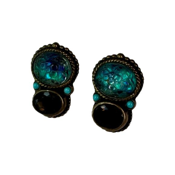 Stephen Dweck Clip On Earring Vintage Carved Smoky Quartz Turquoise Blue Crystal - Picture 5 of 11